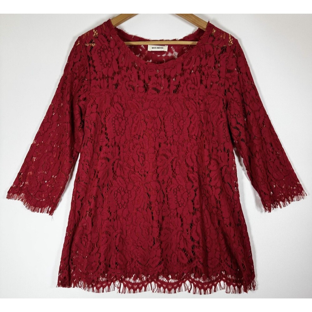 Mos Mosh Lace Blouse‎ Womens Large Red Floral Sheer Feminine Dressy Top Romantic
